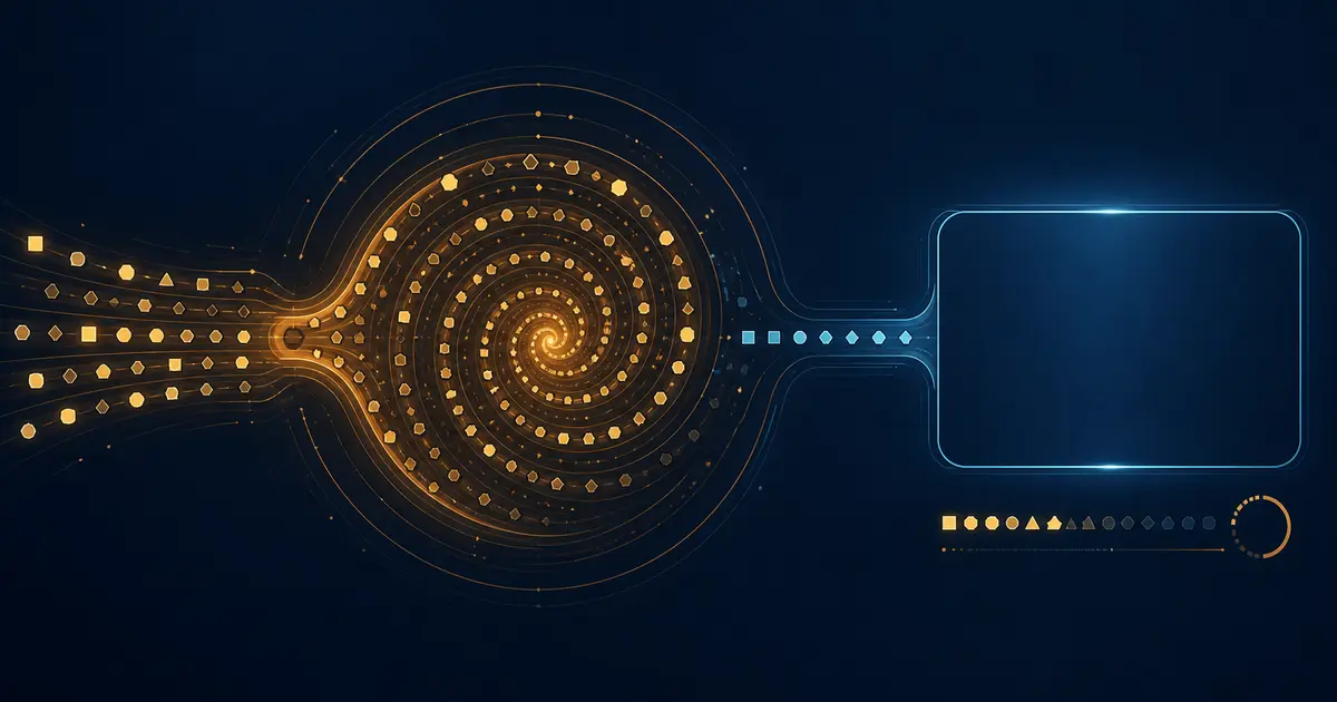 Abstract token stream spiraling through a reasoning budget before reaching an empty answer panel.